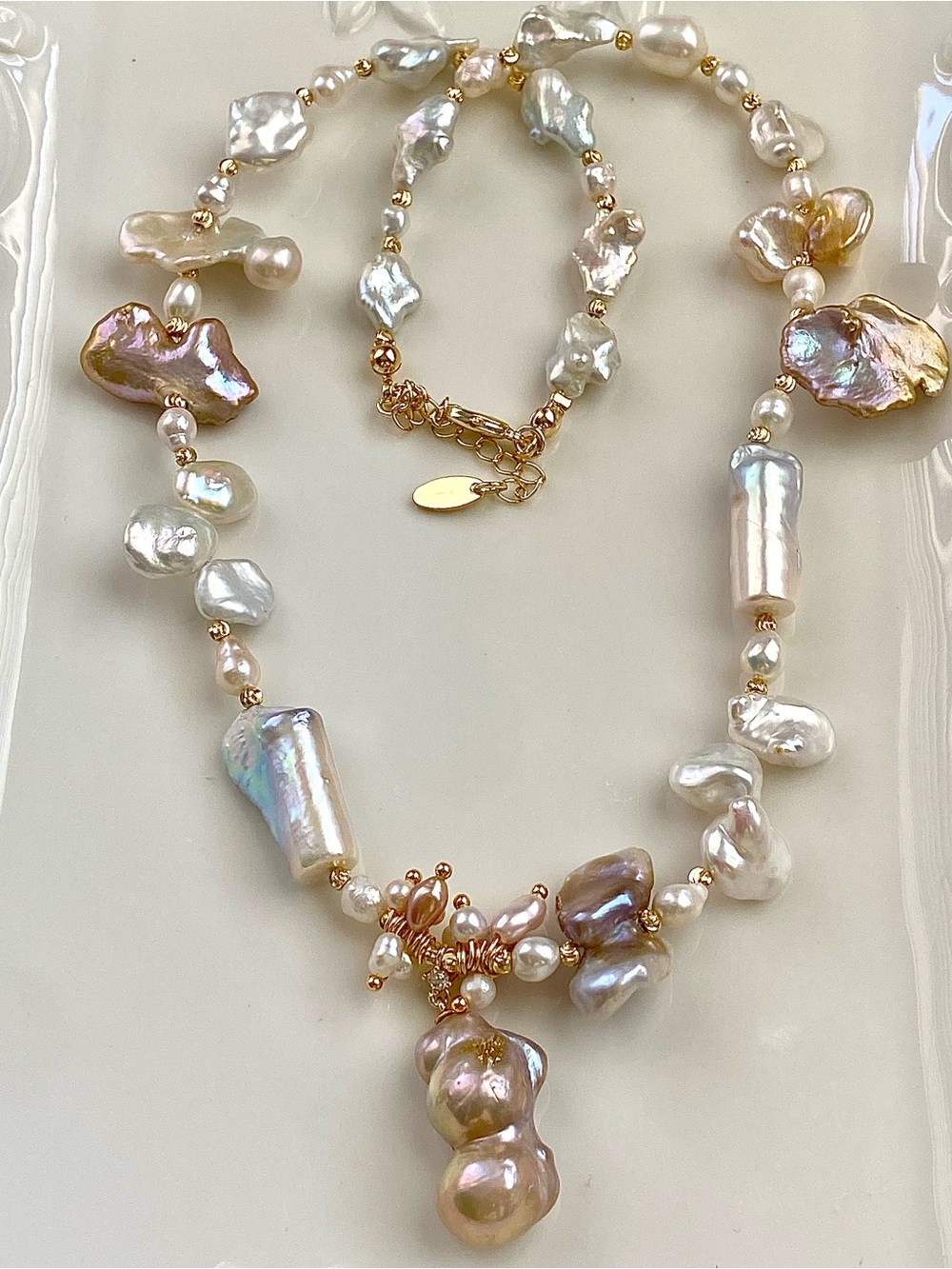 Cultured Baroque Pearl Station Necklace in Iridescent White and Pink